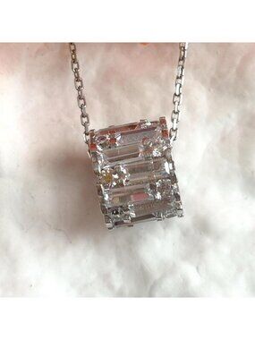 Barrel Shaped Cubic Zirconia Vintage Sterling Silver 925 Pendant Necklace - 19"